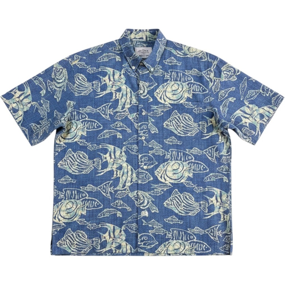 reyn spooner Blue Fish-Print Short Sleeve Button-Up Shirt